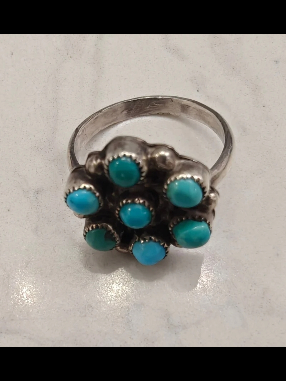 Vintage Zuni Style Handmade Sterling Silver Turquoise Snake Eye Flower Ring Sz 9